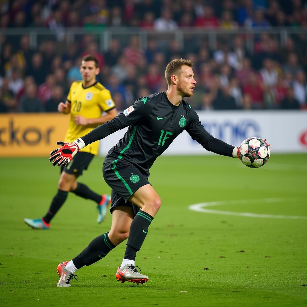 Manuel Neuer accurately distributing the ball to a teammate with a long pass from his hands.