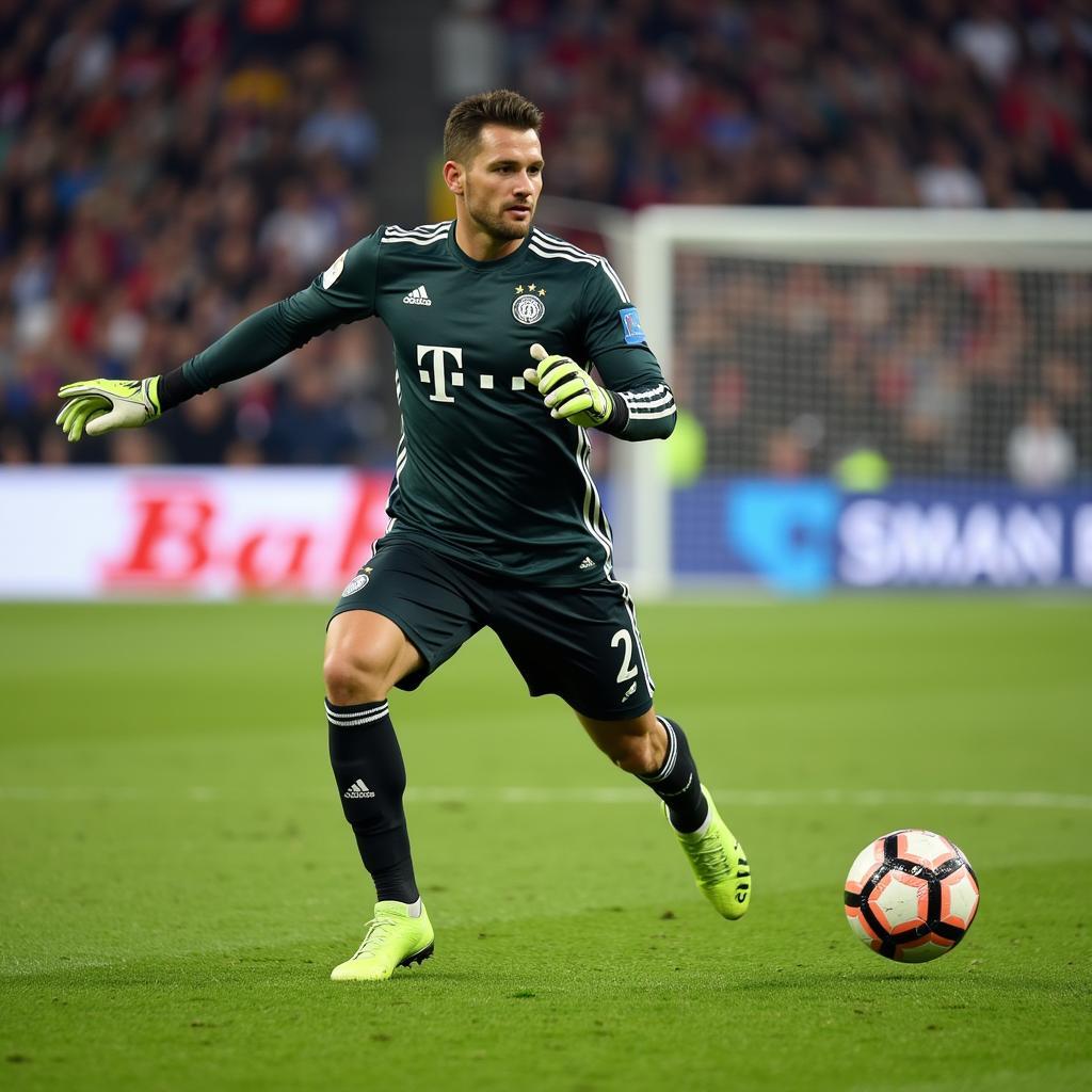 Manuel Neuer demonstrating his sweeper-keeper skills by intercepting a through ball outside the penalty box.