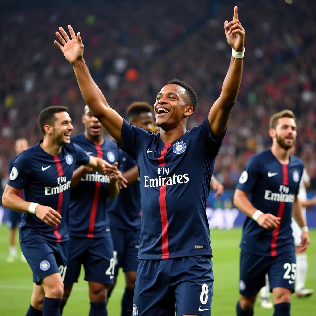 Mbappe celebrates a goal, surrounded by his jubilant teammates, highlighting his importance to the team.