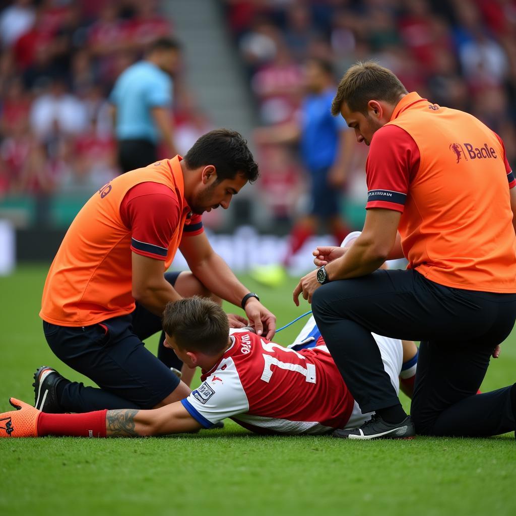 Medical Team Attending to an Unconscious Player