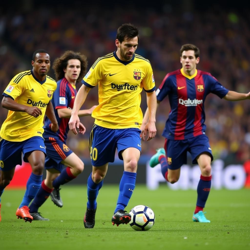 Messi dribbles past defenders in a 2009 match