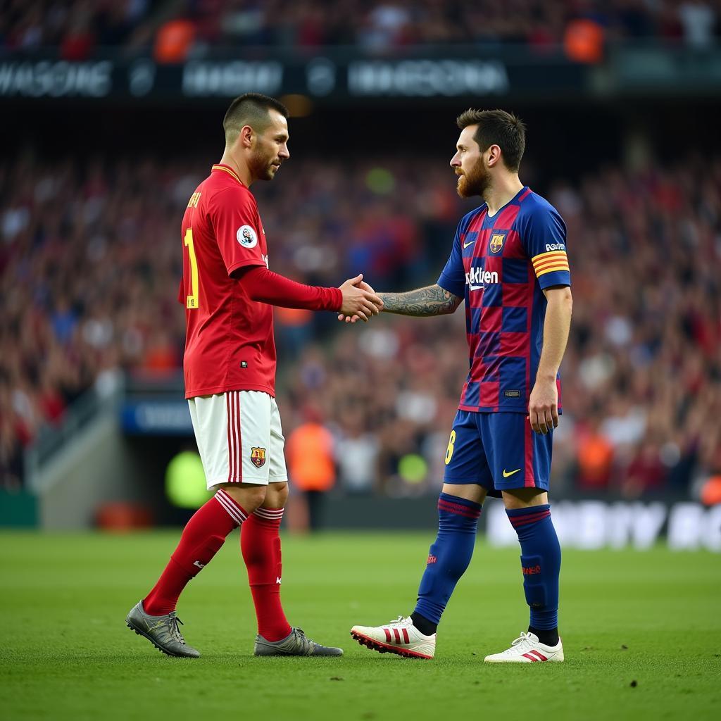 Messi and Haaland shaking hands after a match