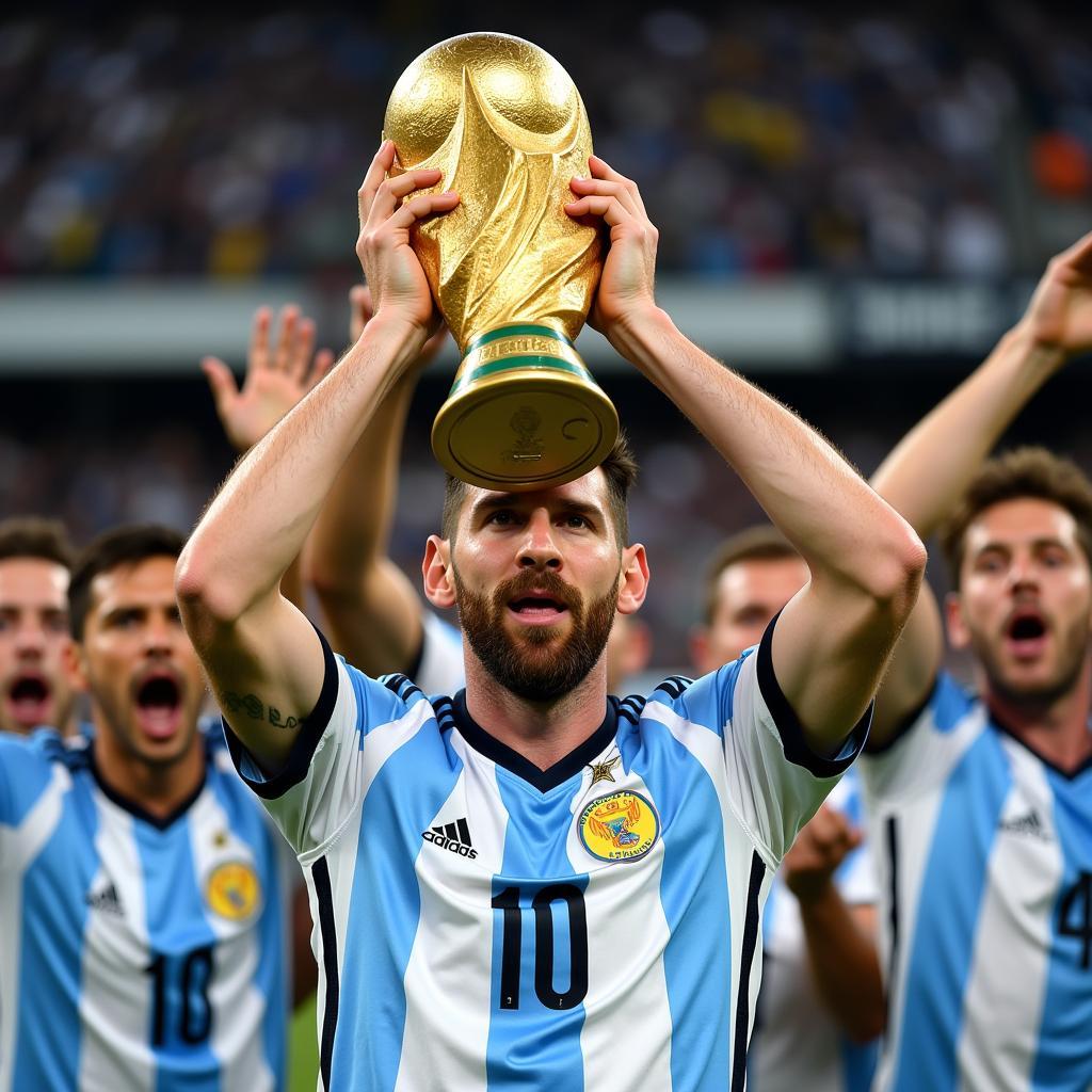 Lionel Messi lifts the FIFA World Cup Trophy