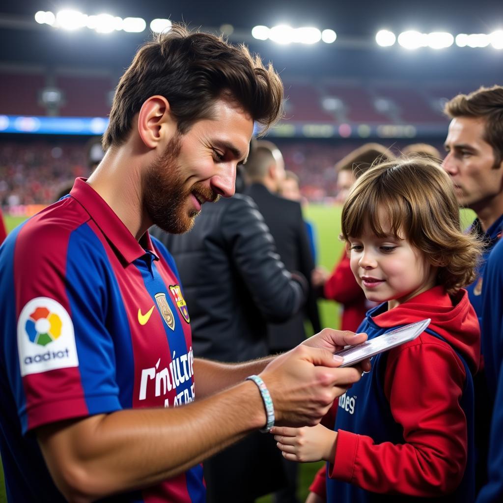 Lionel Messi signing an autograph for a fan.