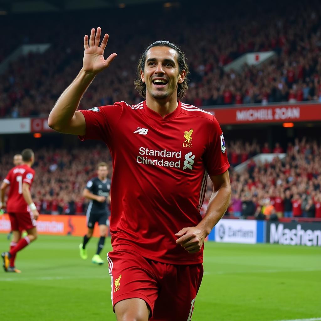 Milan Baros celebrates a Champions League goal for Liverpool