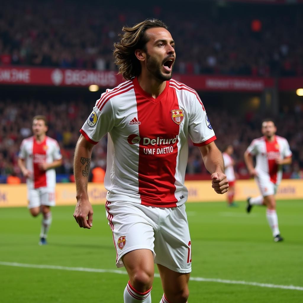 Milan Baros celebrates a goal for Lyon