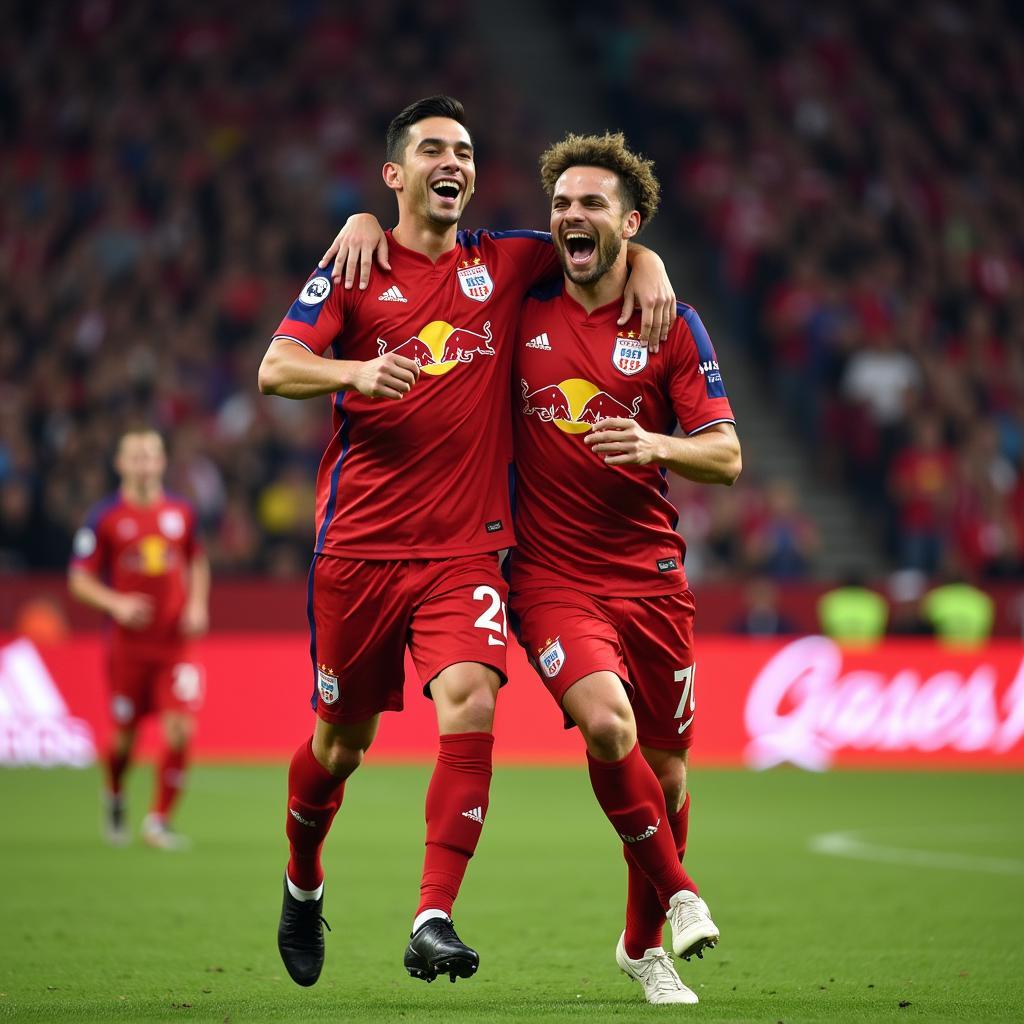 Minamino and Haaland celebrating a goal for Salzburg