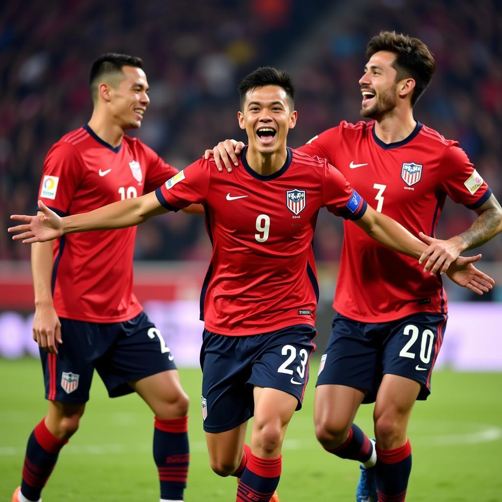 Minh Vuong U23 celebrating a goal with his teammates.