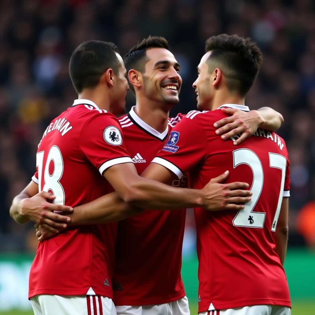 Mkhitaryan Celebrates a Goal with Manchester United Teammates