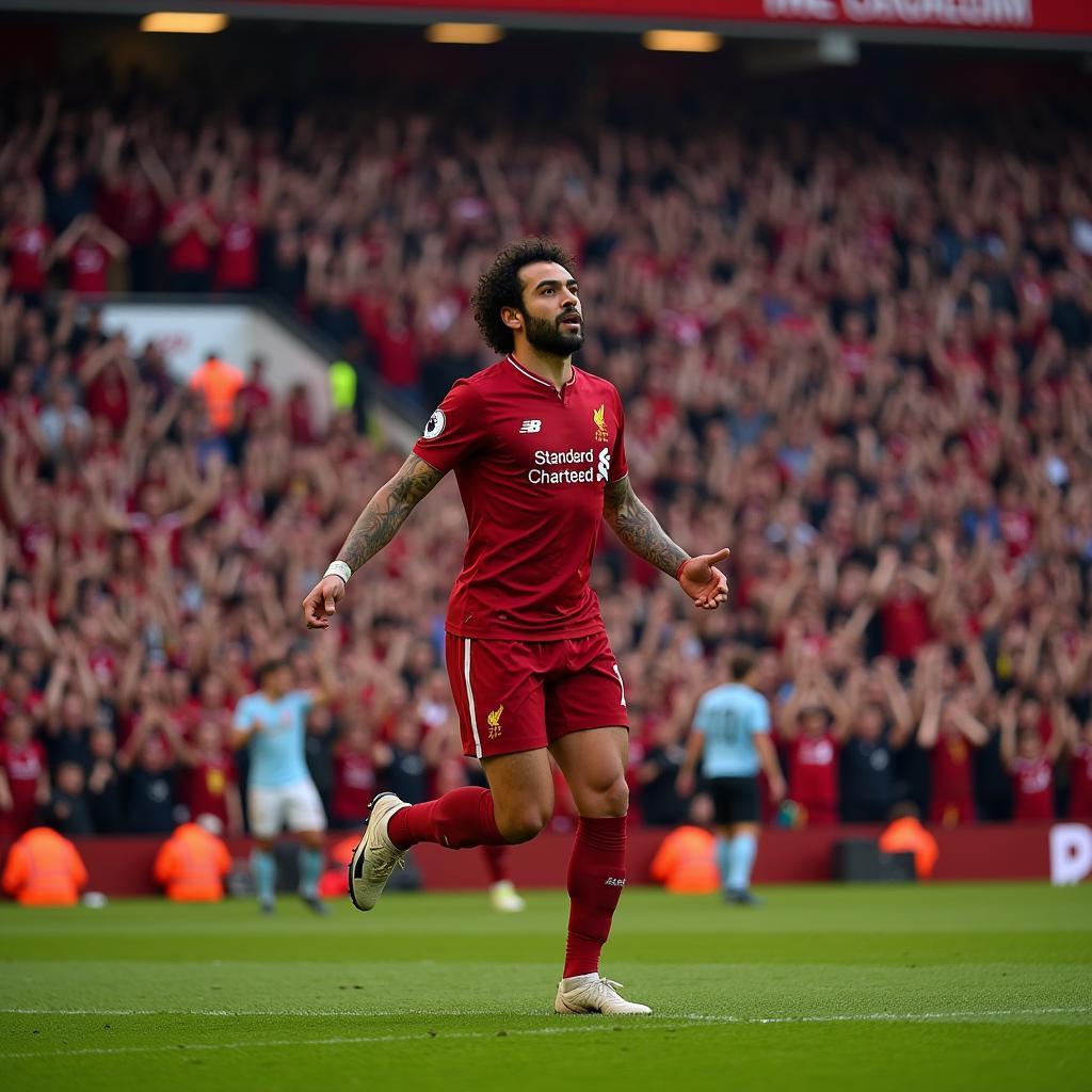 Mohamed Salah celebrates a goal with the Anfield crowd