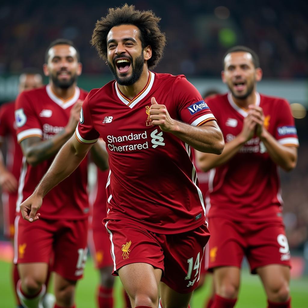 Mohamed Salah celebrating a goal for Liverpool FC.