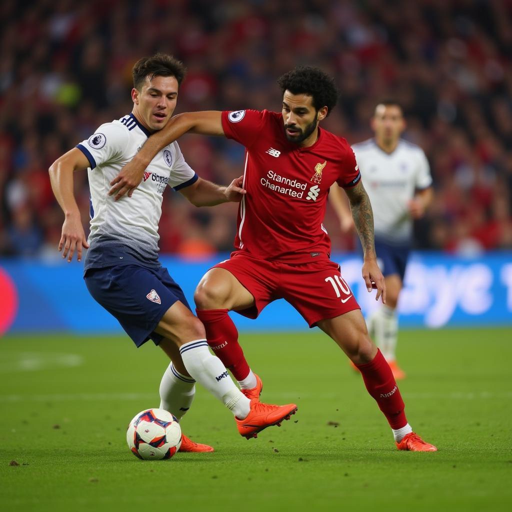 Mohamed Salah skillfully dribbling past a defender