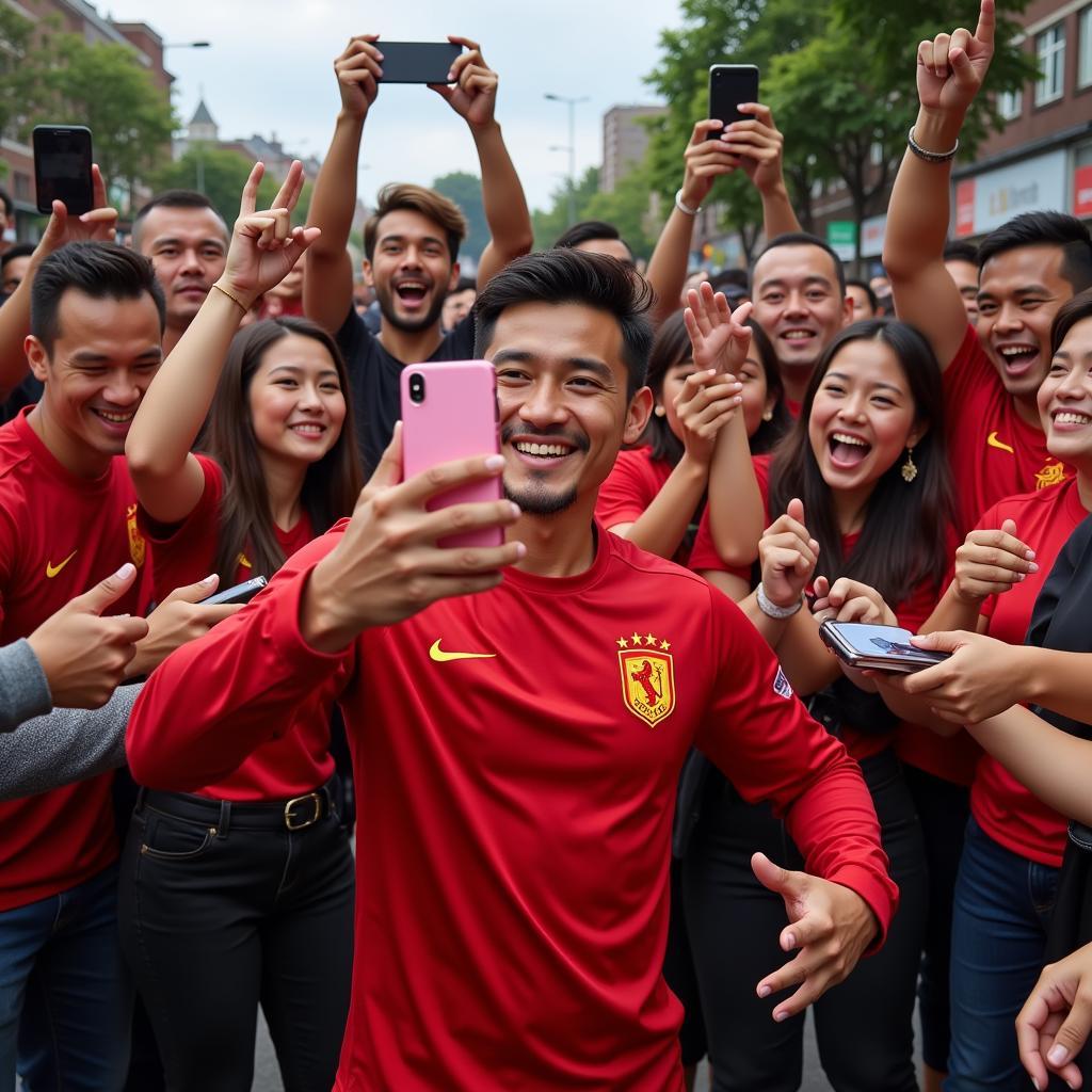 The most famous Vietnamese football player posing with fans