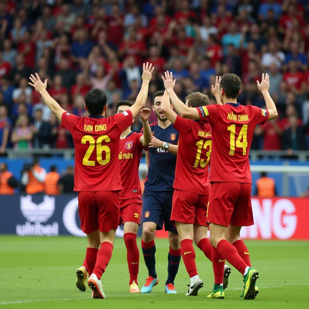 Nam Dinh Football Club players celebrating a goal