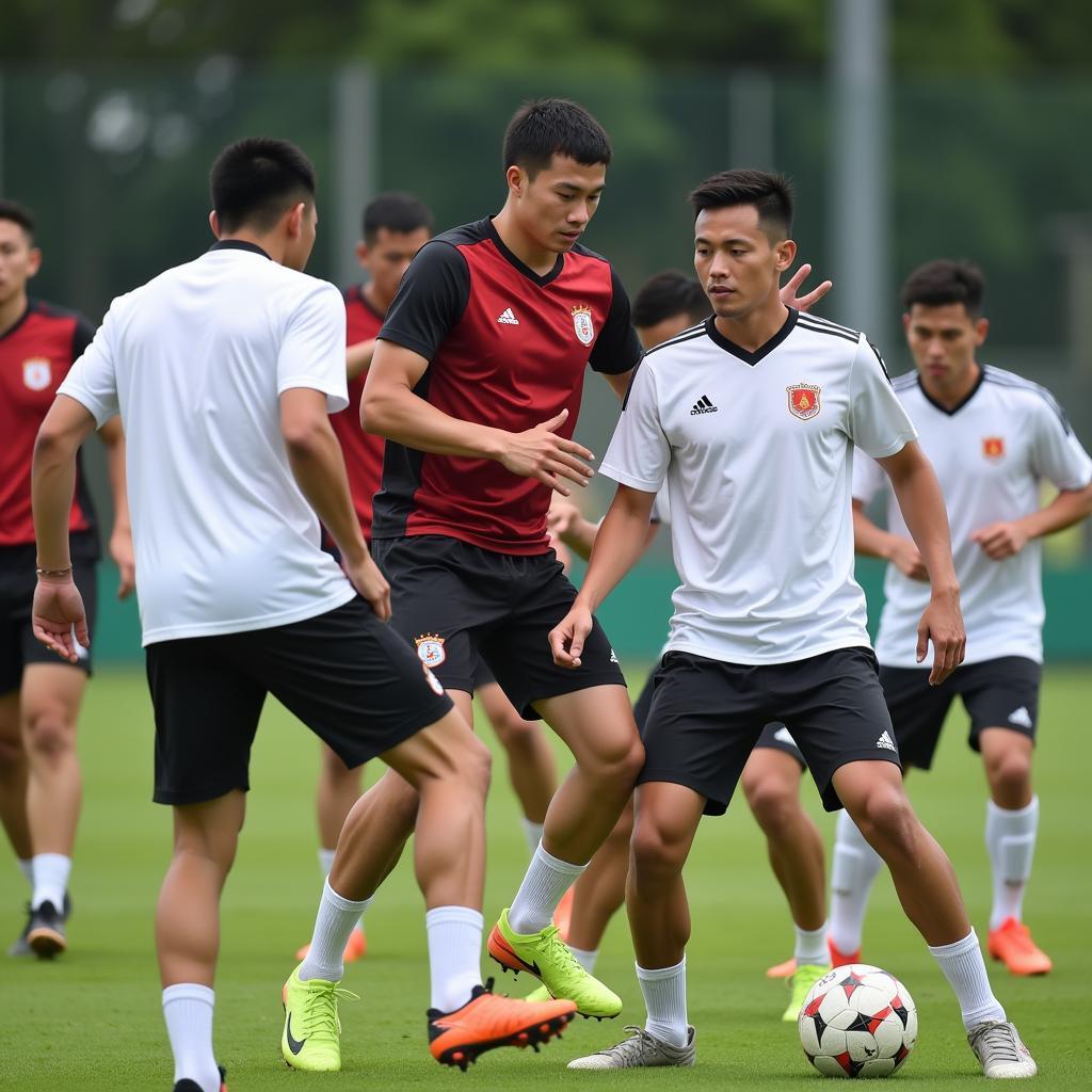 A naturalized player trains alongside his Vietnamese teammates, demonstrating camaraderie and teamwork