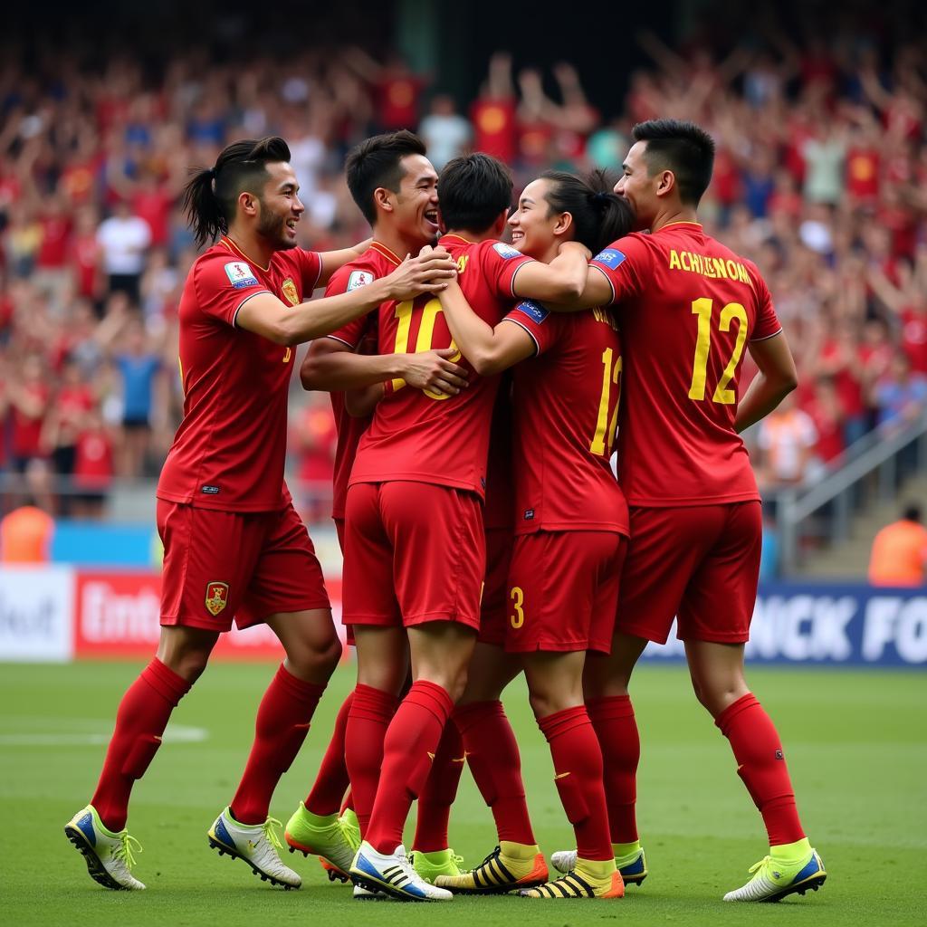 Naturalized Vietnamese Football Players Celebrating a Goal