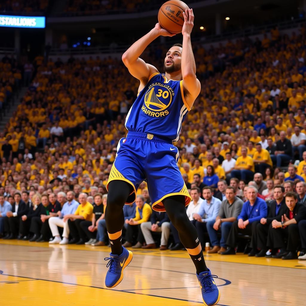 Stephen Curry shooting a three-pointer with his signature form during an NBA game.