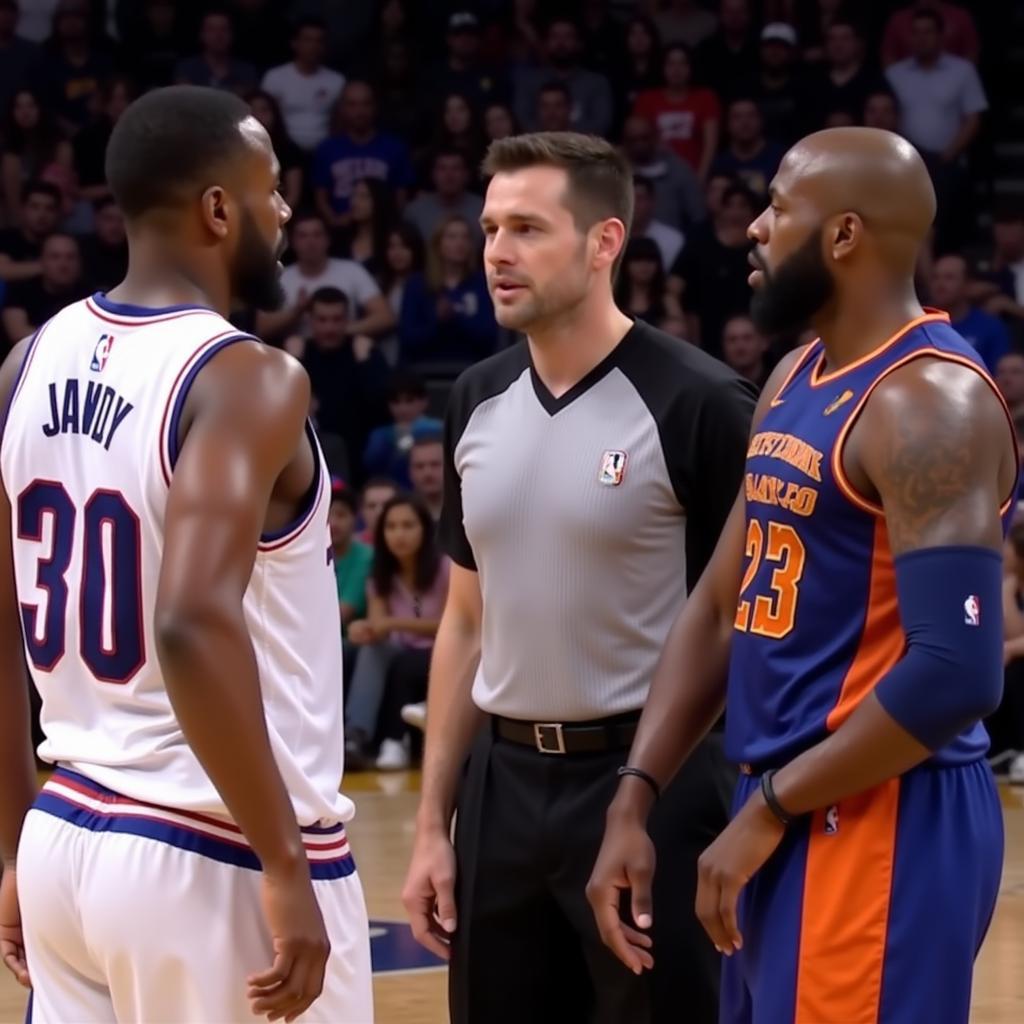 NBA players arguing with the referee during a game