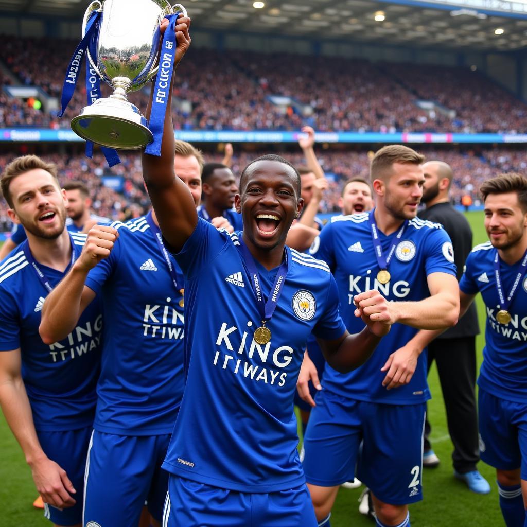 N'Golo Kante celebrates with Leicester City teammates after winning the Premier League title