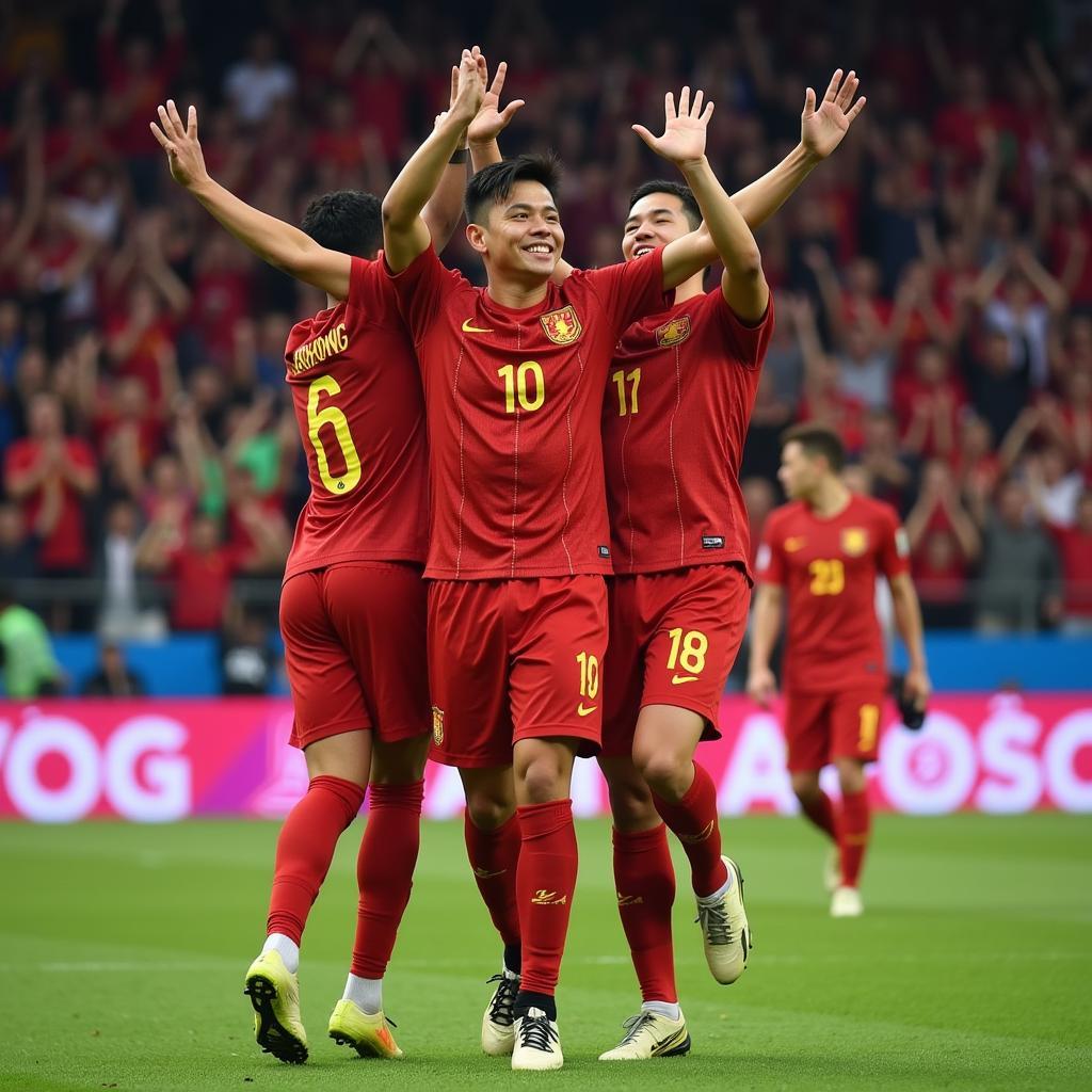 Nguyen Cong Phuong celebrating a goal with his teammates