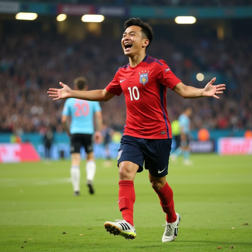 Nguyen Dinh Bao celebrating a goal with his teammates, showcasing his potential for future success.