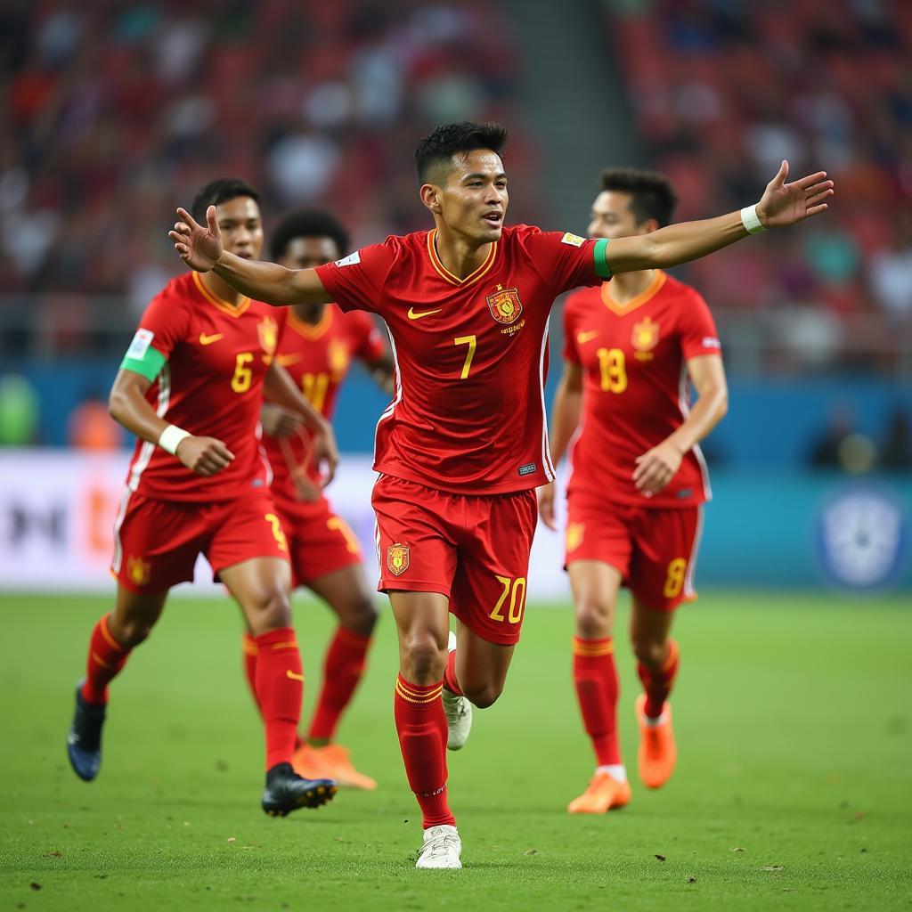 Nguyen Dinh Luat celebrating a goal with teammates