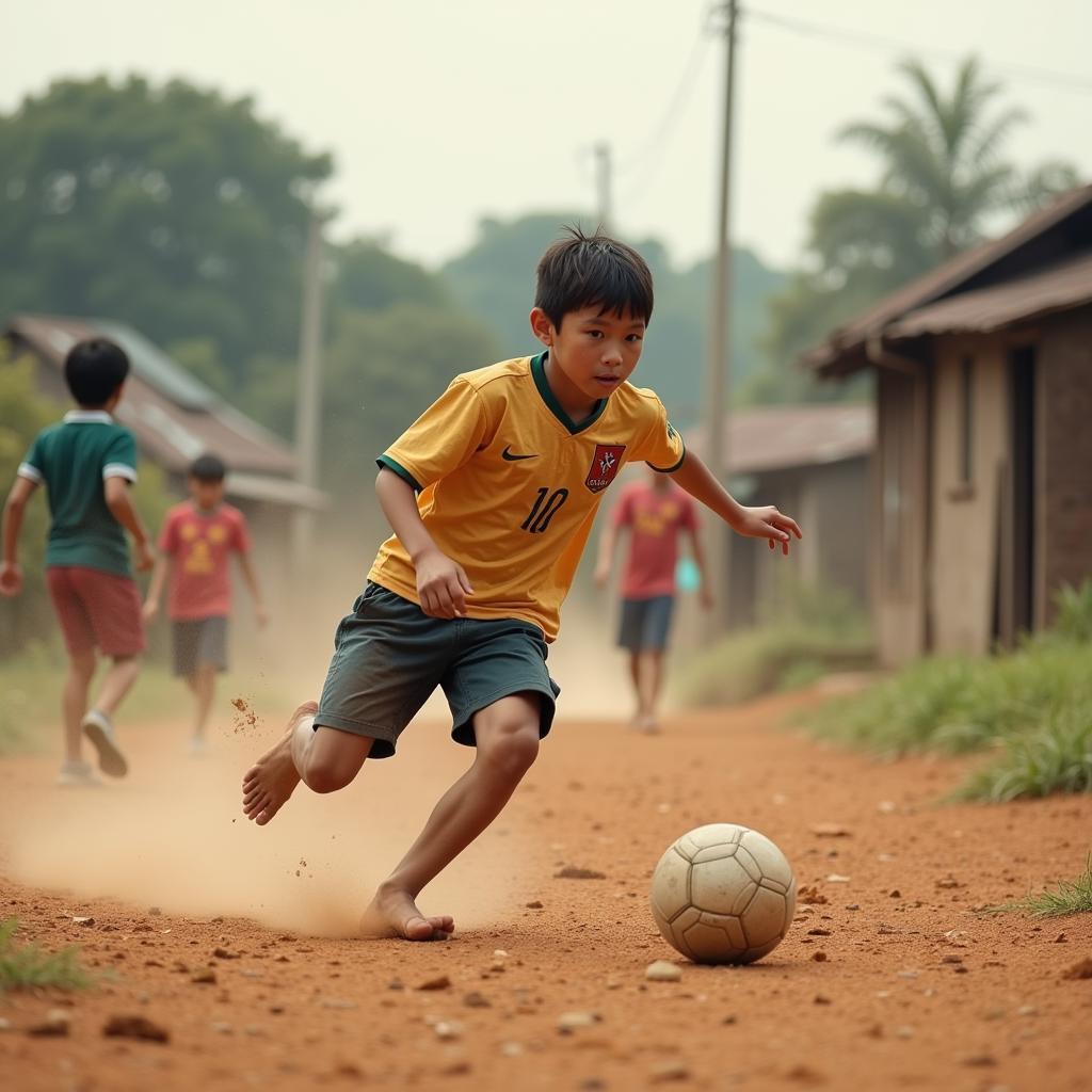 Nguyen Duc Chien playing football in his childhood hometown