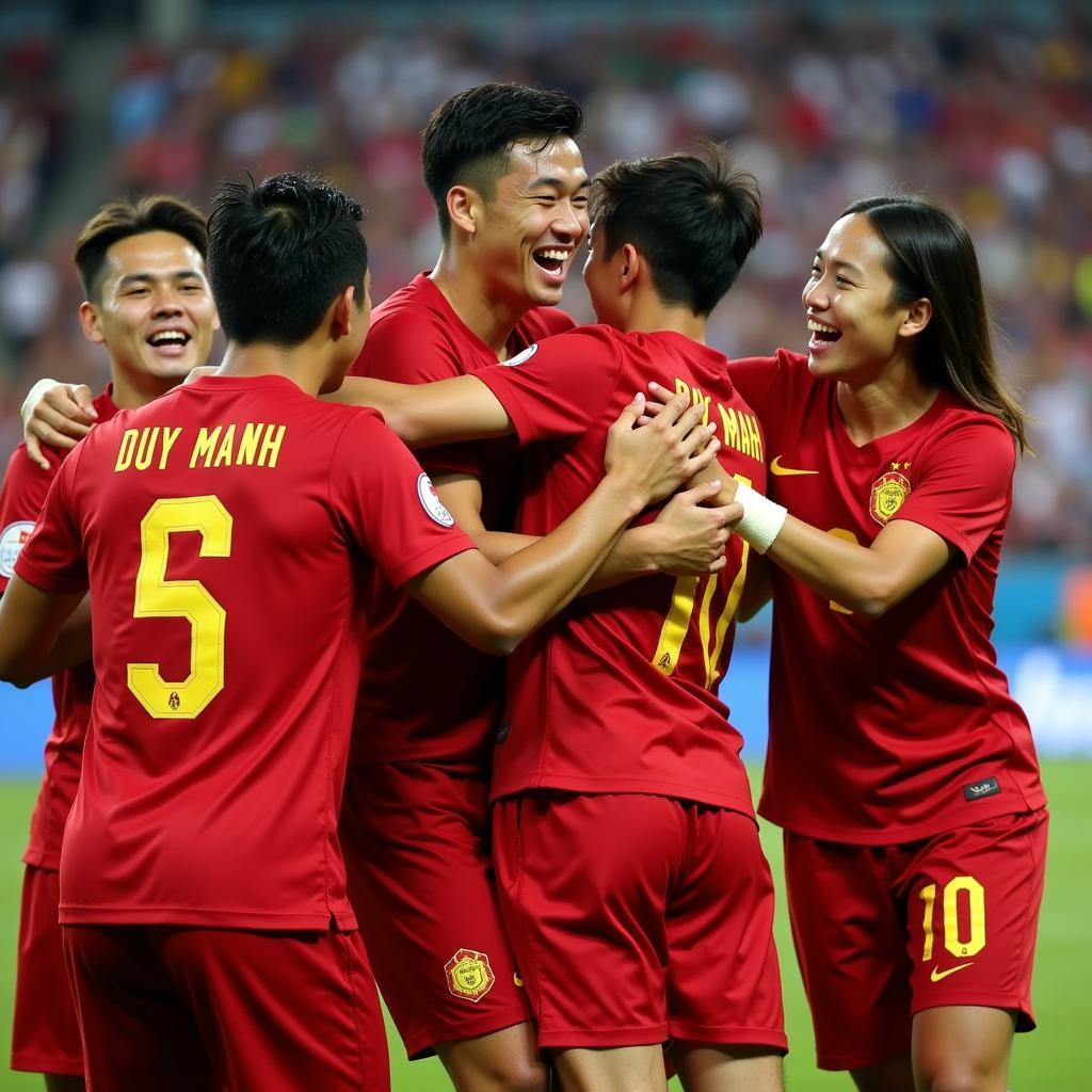 Nguyen Duy Manh celebrating a victory with the Vietnamese national team.