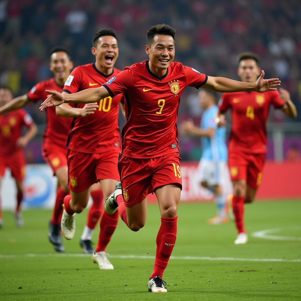 Nguyen Hong Son celebrates scoring a goal with his teammates, showing his passion and joy for the game.