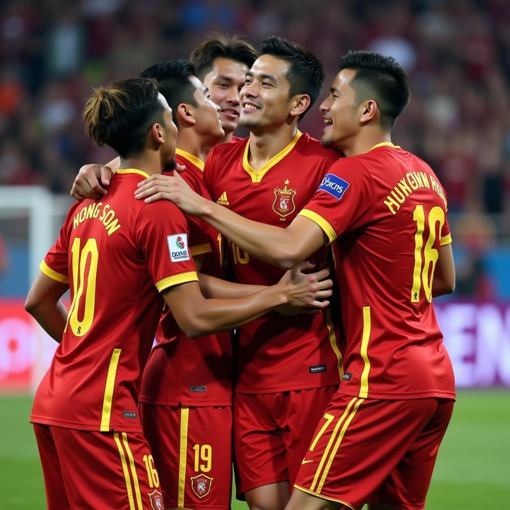 Nguyen Hong Son celebrating a goal with his Vietnamese teammates, highlighting his key moments in his career.