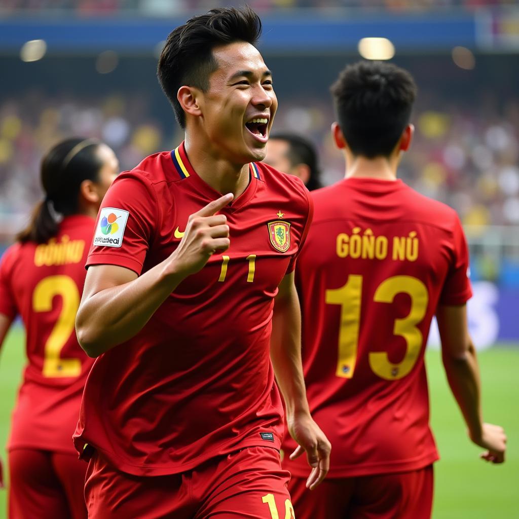 Nguyen Huu Thang celebrates scoring a goal for U22 Vietnam.