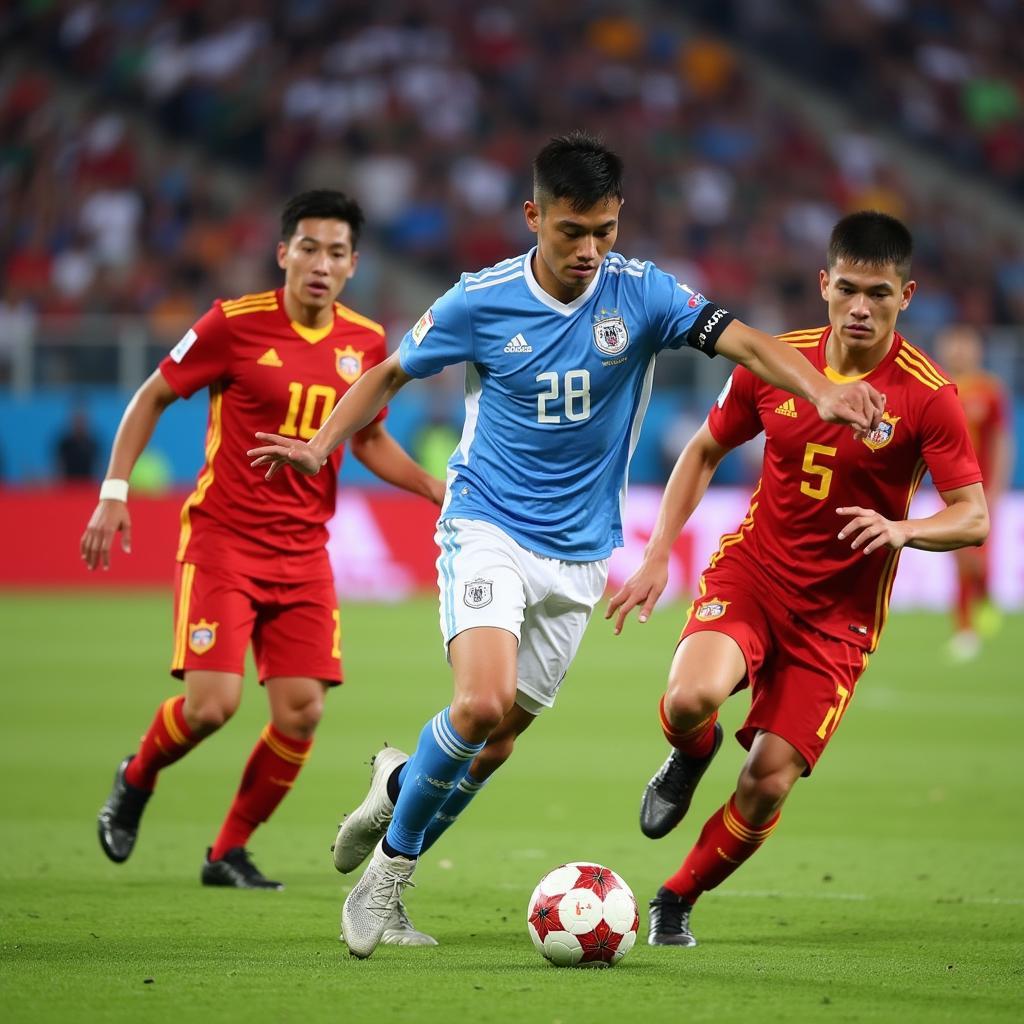 Nguyen Huu Thang showcasing his midfield skills during a U22 Vietnam match.