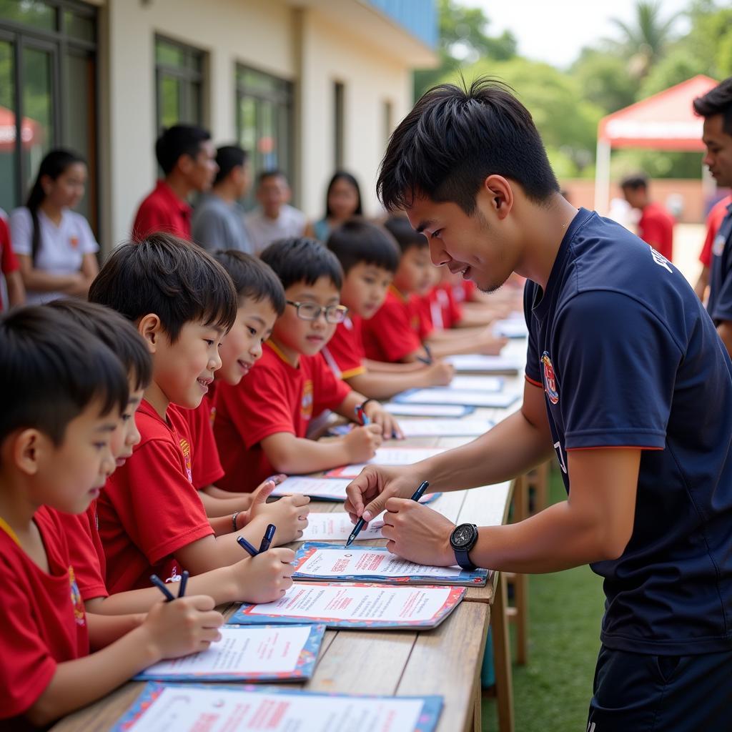 Nguyen Sy Hien inspiring young footballers at a community event