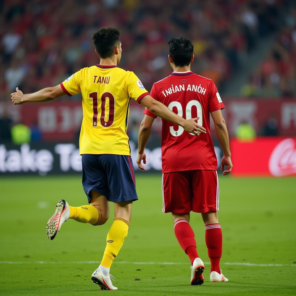 Nguyen Tuan Anh celebrating a goal with his teammates.