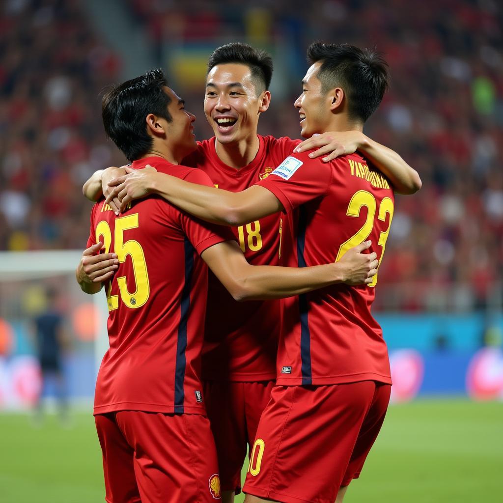 Nguyen Van Dung celebrating a goal with his Hanoi T&T teammates.