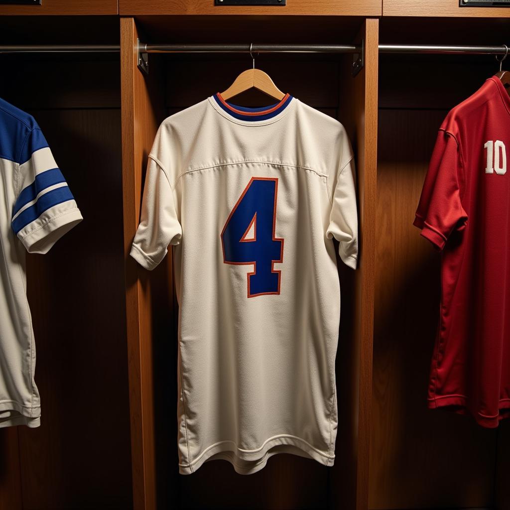 Number 4 football jersey hanging in a locker room