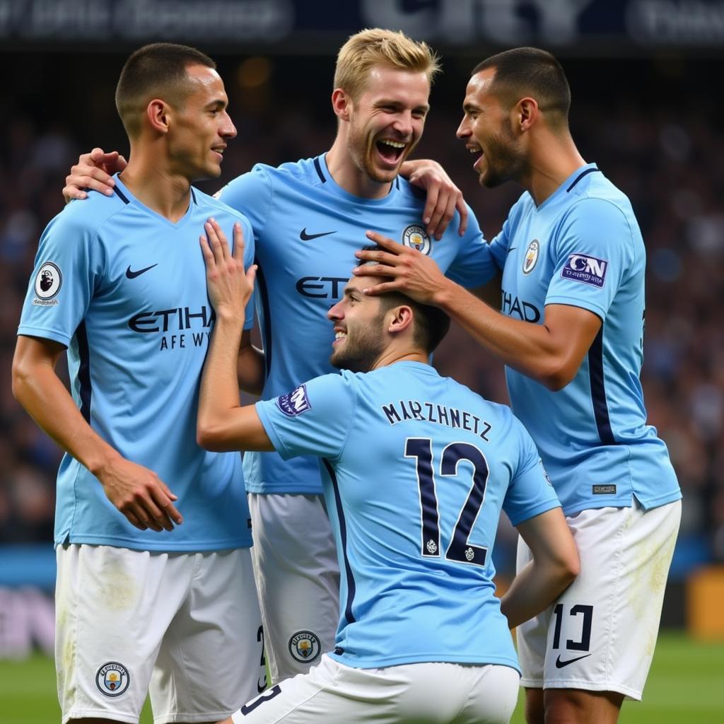 Oleksandr Zinchenko celebrating a goal with his Man City teammates.