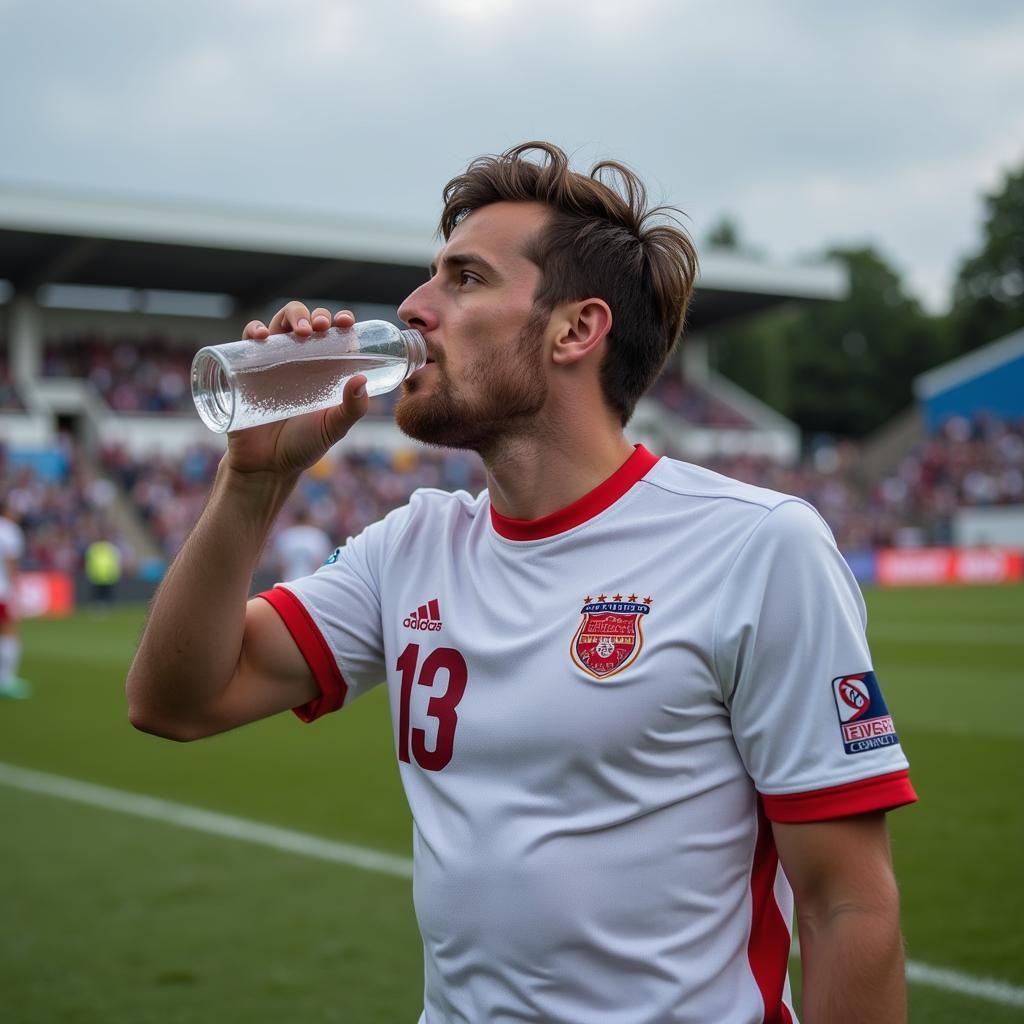 Pale Football Player Hydrating during a Match