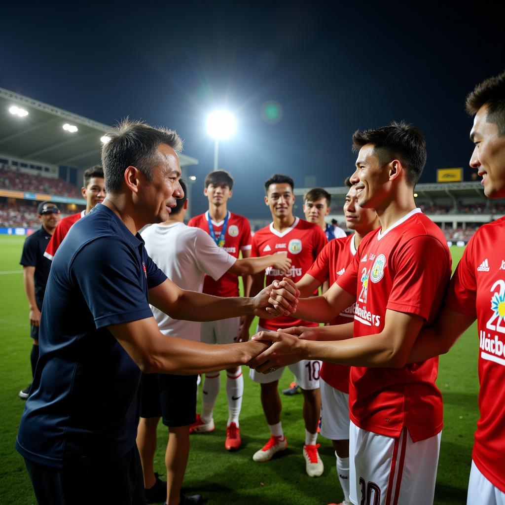 Park Hang-seo and Lao players shake hands after the match, showcasing friendship and sportsmanship in football.