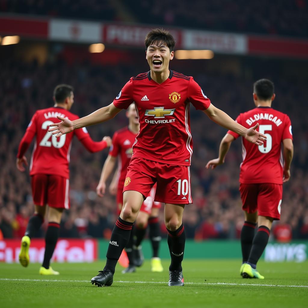 Park Ji-Sung celebrating a goal with Manchester United teammates