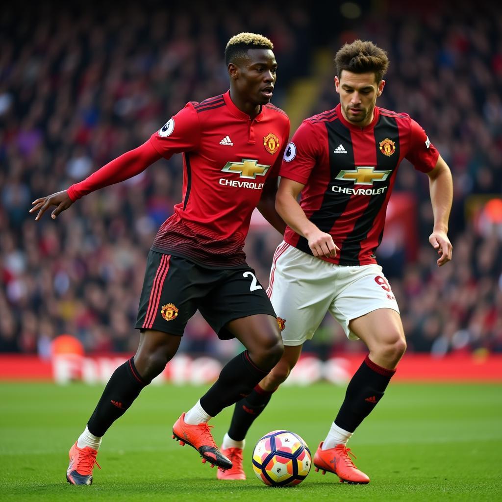 Paul Pogba in action for Manchester United, showcasing his skills in midfield.