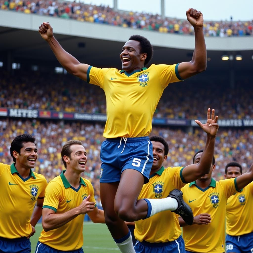 Pele Celebratory Leap after scoring a goal in the 1970 World Cup Final