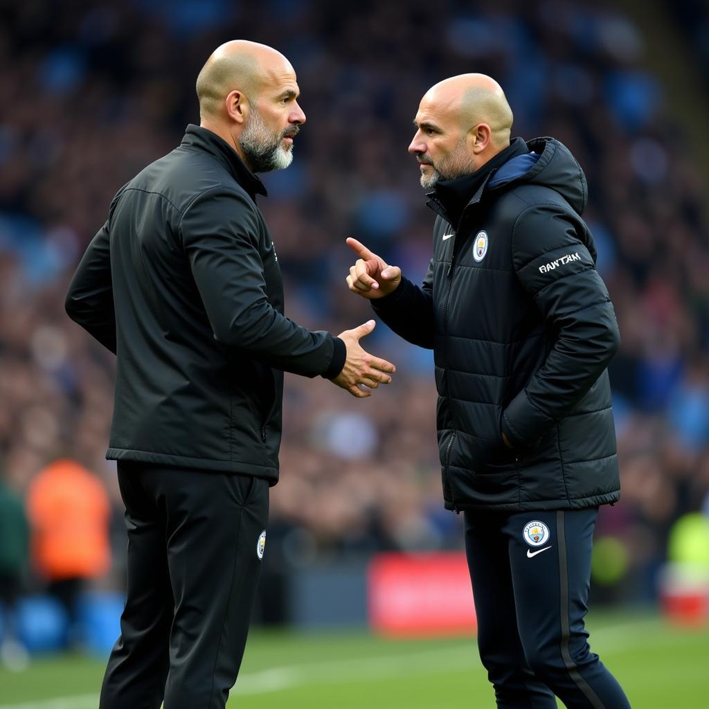 Pep Guardiola discussing penalty-taking strategies with Erling Haaland