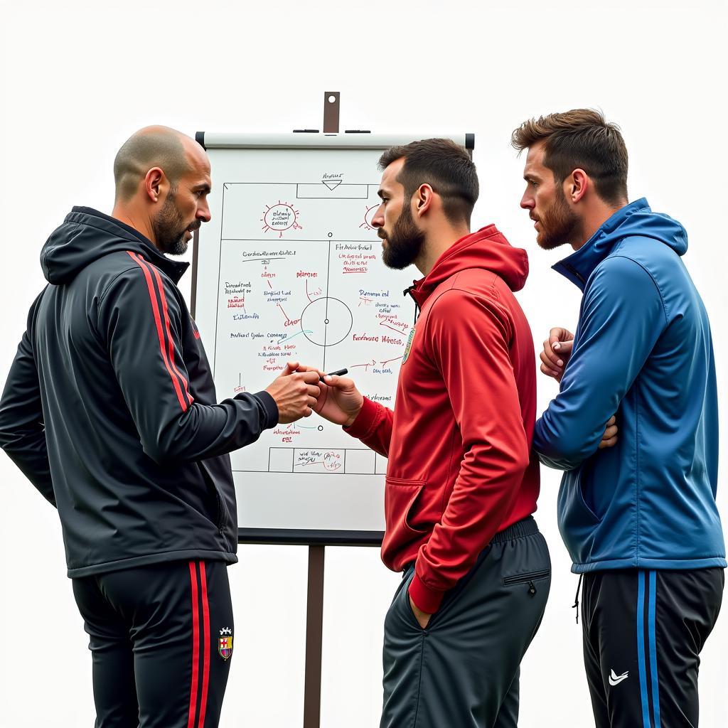 Pep Guardiola Discussing Tactics with Haaland and Messi