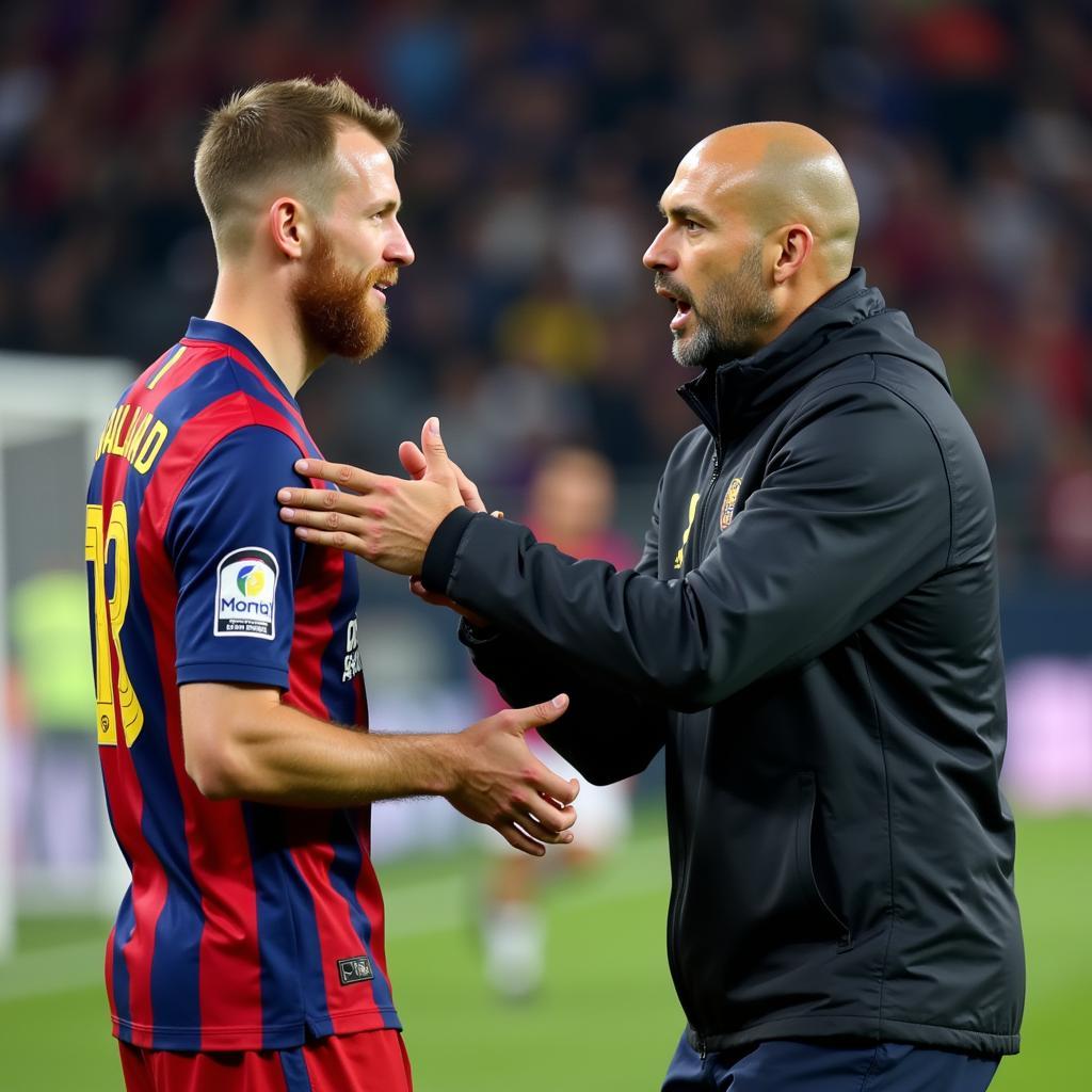 Pep Guardiola giving instructions to Erling Haaland after a goal celebration