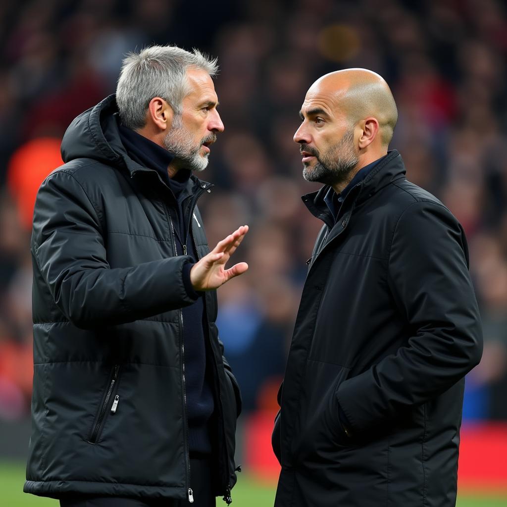 Pep Guardiola and Erling Haaland in an intense discussion on the sidelines