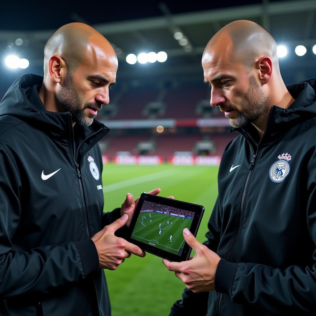 Pep Guardiola and Erling Haaland analyzing post-match performance