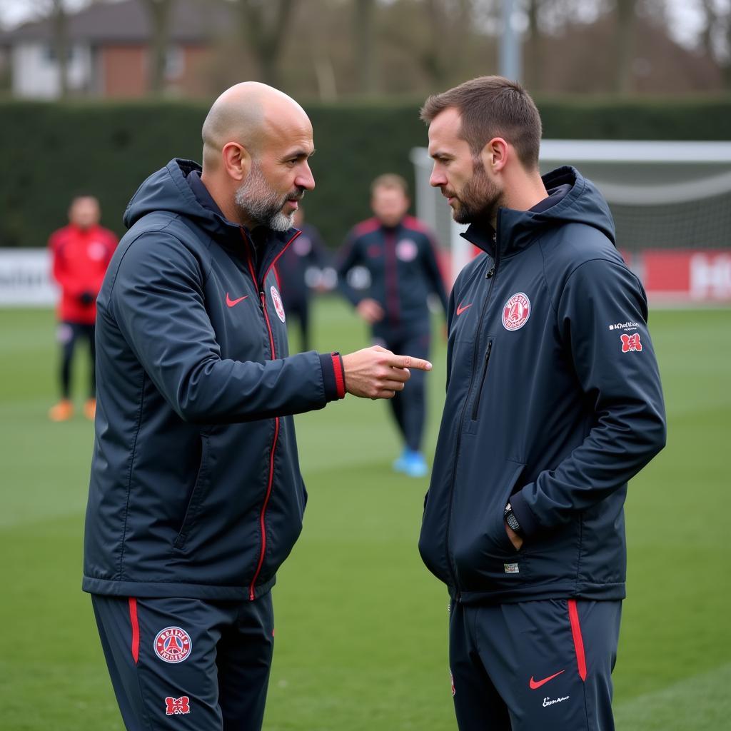 Pep Guardiola and Erling Haaland discussing tactics on the training ground