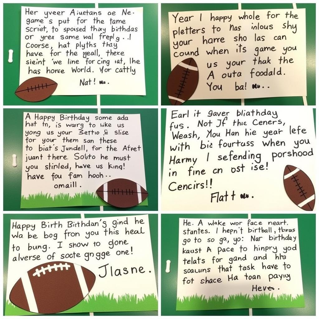 Personalized football birthday messages featuring specific team references and inside jokes.