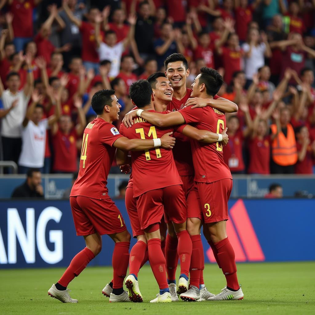 Phan Van Duc celebrates a goal with his teammates.